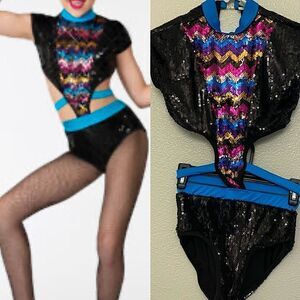 Glamour solo dance costume 2 piece style chevron rainbow black sequin Leotard SA